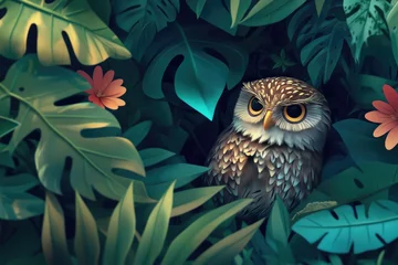 Fototapete A camouflaged owl nestled within lush tropical foliage © Herlita