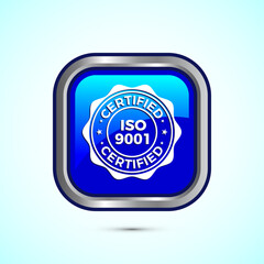 ISO 9001 certified icon design illustration, Standard quality label sign, symbol, Blue Color Square Button Design