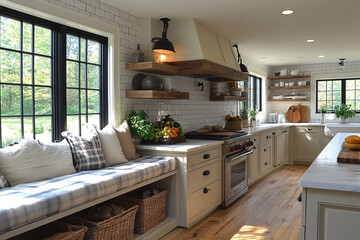 Fototapeta premium Farmhouse Kitchen With Window Seat And Rustic Shelves