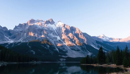 Fototapeta premium Mountain lake sunrise; tranquil alpine scene; scenic view; perfect for nature backgrounds