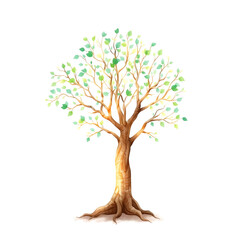 A delicate, whimsical illustration of a single tree, standing alone in a clean, white background, its intricate branches and roots rendered in precise, hand-drawn lines, with varying shades of green l