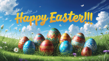 Colorful decorated easter eggs lying in grass under blue sky with happy easter greeting