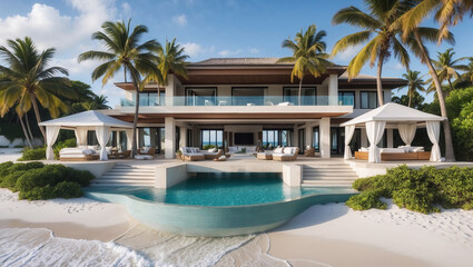Luxurious beachfront villa with infinity pool, sun loungers, and cabanas, offering breathtaking views of the turquoise ocean and palm trees
