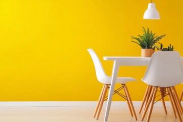 Fototapeta premium A modern dining area featuring a bright yellow wall, a white table, and stylish chairs, complemented by a potted plant for a fresh touch.