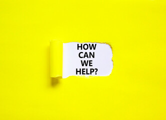 How can we help symbol. Concept words How can we help on beautiful white paper. Beautiful yellow background. Business and how can we help concept. Copy space.