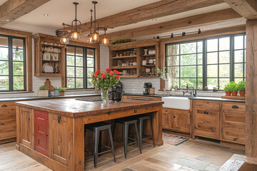 Rustic Farmhouse Kitchen Island and Cabinetry
