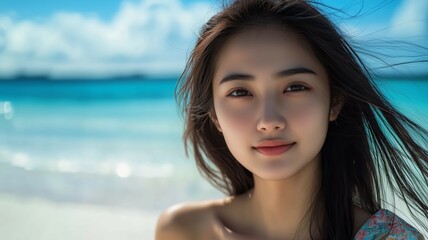 浜辺でドレスを着た日本人美女