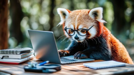 Typing Red Panda with Oversized Glasses Outdoor Workspace Digital Art Nature Close-up Quirky Concept