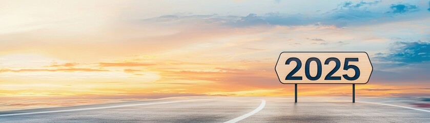 Obraz premium A sunset road scene featuring a signpost displaying the year 2025, symbolizing future possibilities and journeys ahead.
