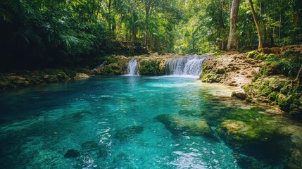 Naklejka premium A beautiful waterfall is flowing into a clear blue pool. Generative AI