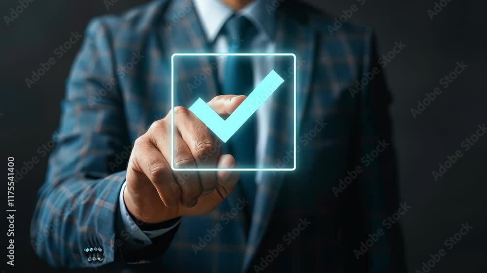Poster businessman conducting a verification process using a digital checkmark in a professional setting