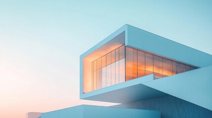 Obraz premium Modern architecture building at sunset, glass facade, geometric design.