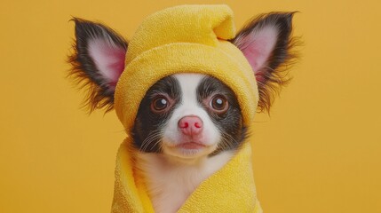 Product photography, commercial poster of puppy cuddled in a grooming outfit