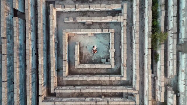 A couple in a stone labyrinth in the lands of Menorca in the Balearics