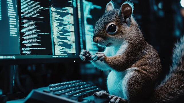 Tech-Savvy Squirrel Programming on Multiple Monitors in a Cozy Home Office Environment