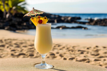 A tropical pina colada cocktail in a tall, curvy glass with a pineapple wedge, maraschino cherry, and a little umbrella garnish. The drink is creamy, served over ice, and placed on a sandy beach.