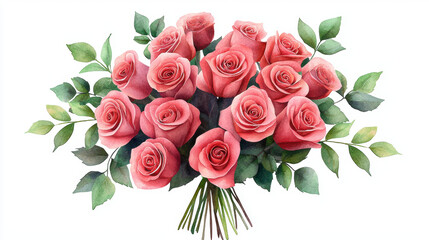 beautiful bouquet of pink roses with green leaves, perfect for romantic gift or decoration. This watercolor illustration captures elegance and charm of roses beautifully