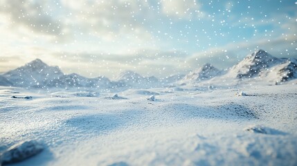 Natural snow-covered landscape with snowflakes drifting across an icy backdrop leaving ample room for copy space
