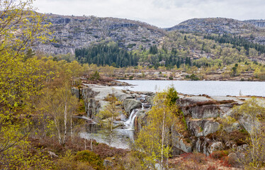 Skrelifallan Waterfall surroundings, Skrelia, Lyngdal, Norway.