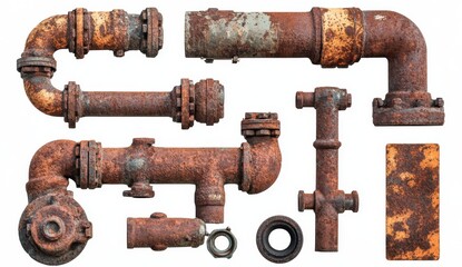 Naklejka premium Rusty Industrial Pipes and Fittings Collection Isolated on White Background