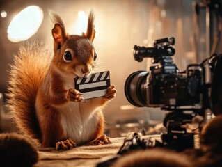 Squirrel Directs a Scene Movie Set Animal Imagery Film Studio Close-Up Cinematic Fun
