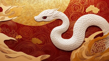 Obraz premium white snake gracefully dances against golden moon backdrop, exuding elegance