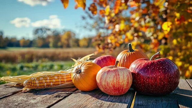 autumn concept pumpkin apple corn. Selective focus