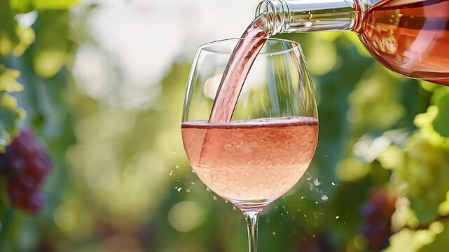 rose wine is poured into a glass. selective focus