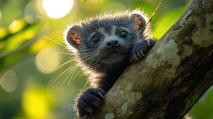 Fototapeta premium Binturong climbing a tree in the jungle, its sharp claws gripping the bark