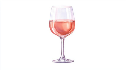 glass of rose wine sits elegantly on white background, perfect for romantic moments or celebrations. This watercolor illustration captures essence of relaxation and enjoyment