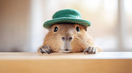 Cute capybara wearing green hat, looking curiously at camera