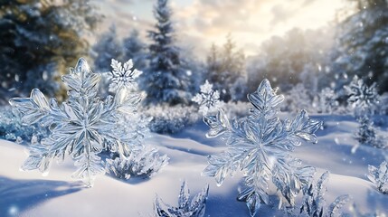 Fototapeta premium Snowflakes falling gently over a frozen landscape with snow-covered trees, featuring ample copy space for seasonal messages