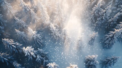 Snowflakes falling gently over a frozen landscape with snow-covered trees, featuring ample copy space for seasonal messages