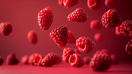 Ripe raspberries seem to float against a rich red backdrop, capturing a moment of pure freshness and vibrant color. Perfect for those who love the beauty of nature. Generated AI