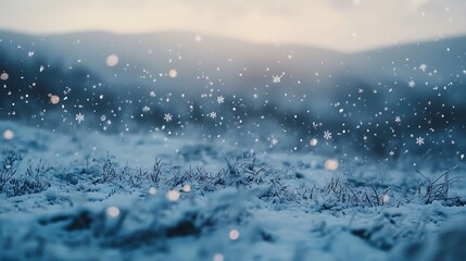 Snowflakes lightly falling over a cold winter landscape with space for text at the top of the scene