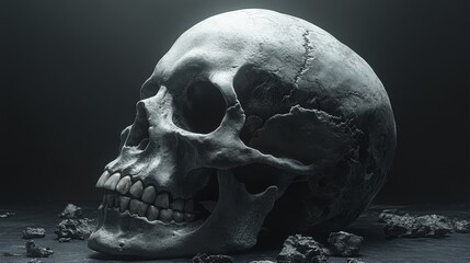 Obraz premium A skull is shown in a dark room with a lot of rocks around it