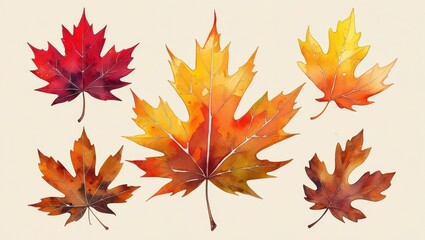 Obraz premium Vibrant Autumn Watercolor Maple Leaves Collection Fall Foliage Red Orange Yellow