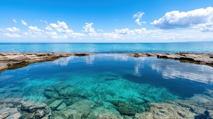Obraz premium A serene coastal scene featuring clear turquoise waters, a rocky shoreline, and a bright blue sky with fluffy clouds.
