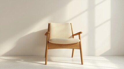 Fototapeta premium A wooden chair with a white cushion sits in a room with a white wall