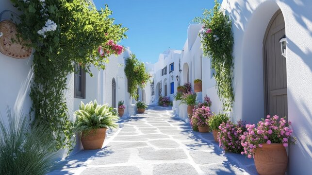 Fototapeta Sunny cobblestone street in a whitewashed Mediterranean village, lined with flowering plants and traditional architecture.