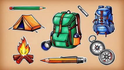 Camping Gear Illustration Backpacks Tent Compass Fire Pencils Flashlight