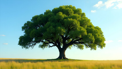 Fototapeta premium A Majestic Solitary Oak Tree with a Lush Symmetrical Canopy Standing Proudly in an Open Field Under a Clear Blue Sky