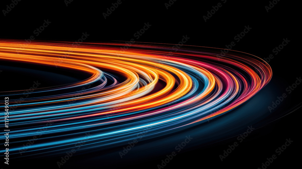 Poster streams of light trails in vibrant rainbow colors create dynamic visual effect against dark backgrou