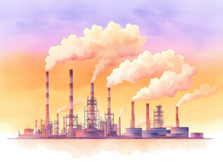 Obraz premium Watercolor depiction of oil refinery at dusk with smoke billowing from chimneys, creating dramatic skyline. vibrant colors evoke sense of industrial beauty