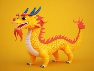 Fototapeta premium Colorful Cartoon Dragon on Bright Yellow Background, Ideal for Children's Illustrations, Fantasy Themes, and Celebratory Decorations