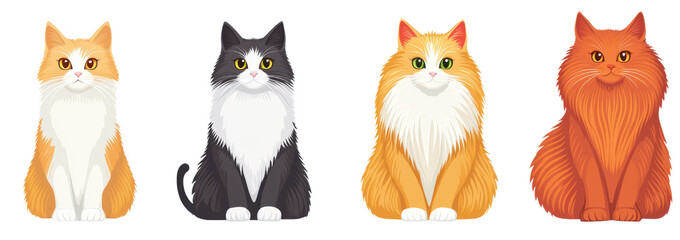 Cute Cartoon Style Cats Sitting with Colorful Fur and Expressions