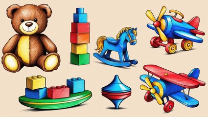 Obraz premium Colorful Collection of Classic Children s Toys Teddy Bear Blocks Rocking Horse and Airplanes