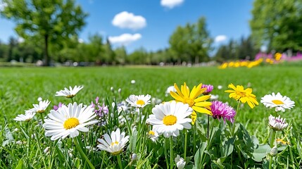 Spring Daisies in Sunny Meadow  Close Up
