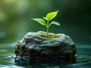 Young Green Plant Sprouting on Moss-Covered Rock in Tranquil Water with Soft Natural Lighting
