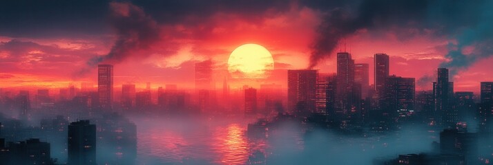 Dramatic Cityscape at Sunset Red Sky Fog Urban Skyline Modern Architecture